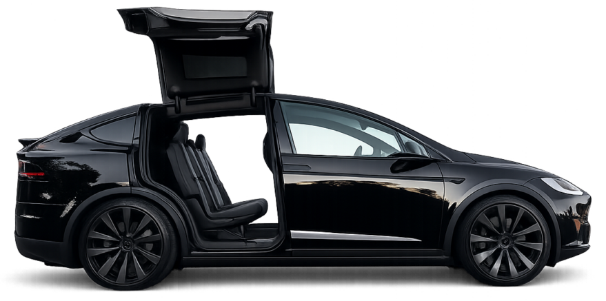 Black Tesla Model X with falcon-wing door open, luxury chauffeur vehicle