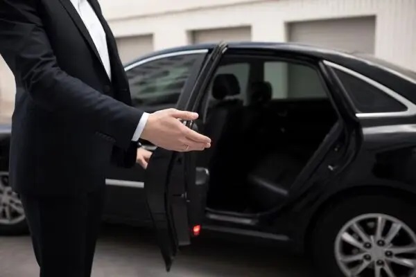 chauffeur opening luxury executive vehicle door in phoenix
