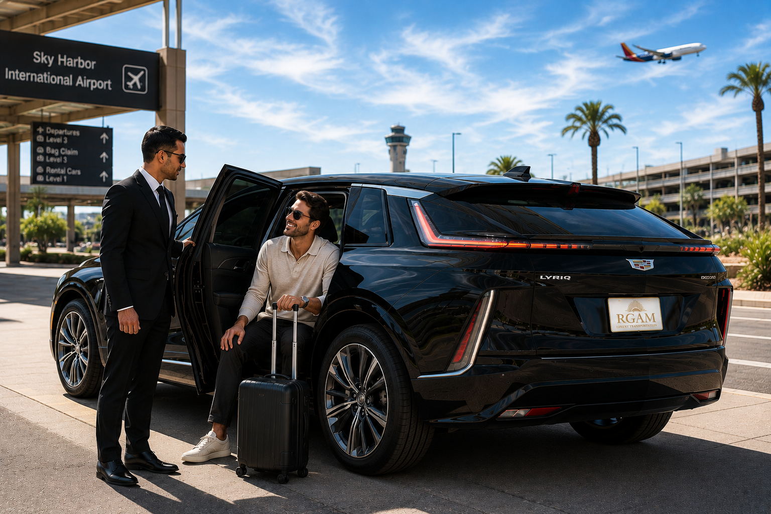 Luxury airport pickup at Phoenix Sky Harbor Airport with professional chauffeur and passenger assistance