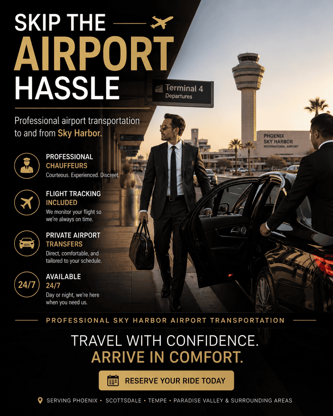 Professional chauffeur assisting a traveler at Phoenix Sky Harbor Airport for luxury airport transportation service in Phoenix, Arizona.