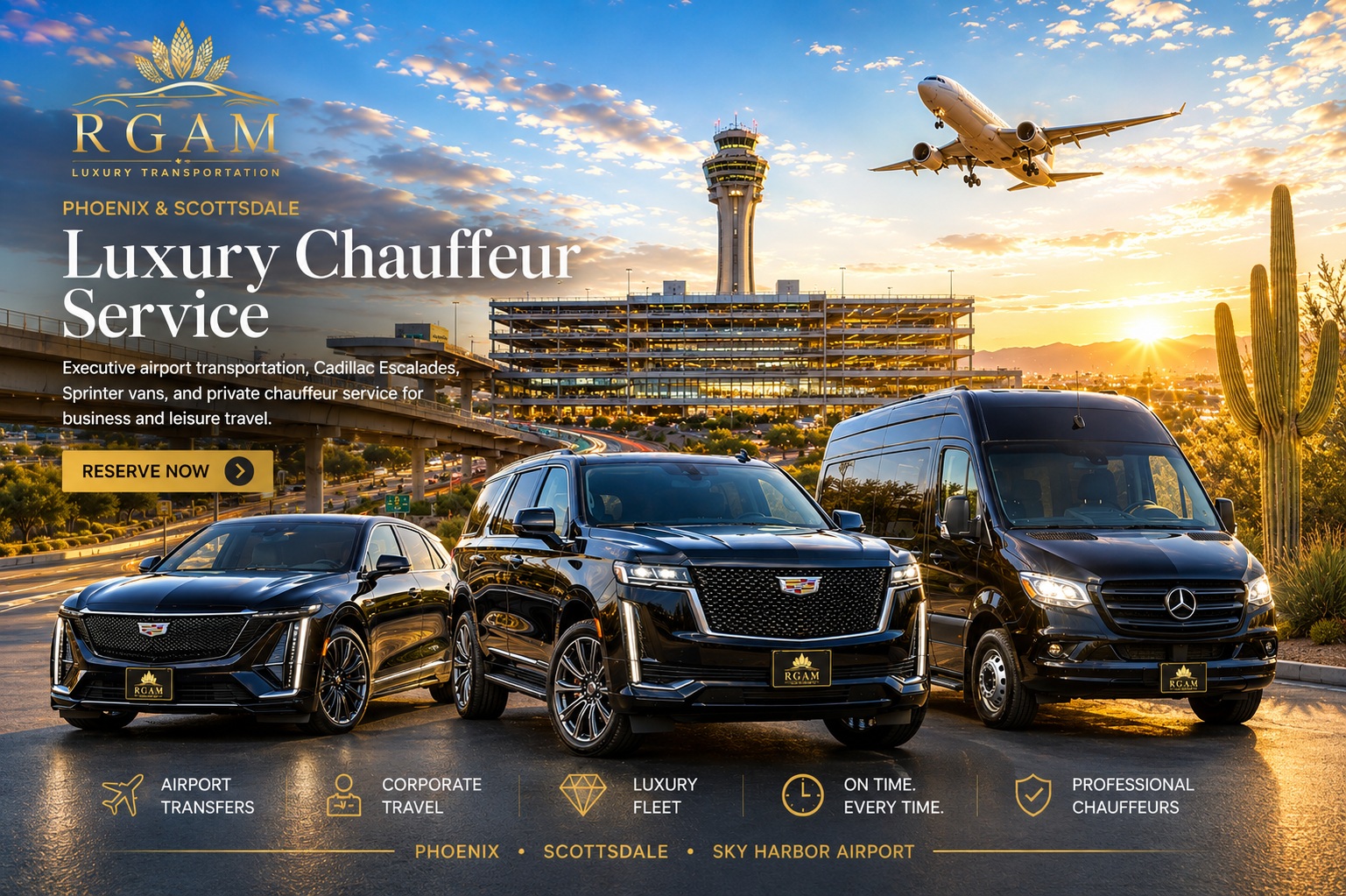Luxury chauffeur fleet at Phoenix Sky Harbor Airport featuring Cadillac Lyriq, Cadillac Escalade, and Mercedes Sprinter van by RGAM Transportation