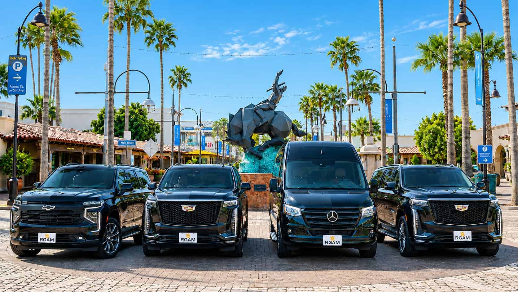 RGAM Transportation luxury fleet in Old Town Scottsdale featuring executive SUVs and Mercedes Sprinter transportation service