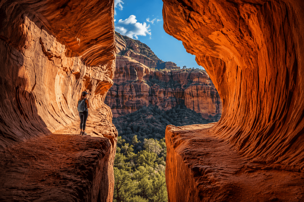 Subway Cave in Boynton Canyon near Sedona, Arizona, featuring the famous sandstone cave formation and panoramic red rock views.