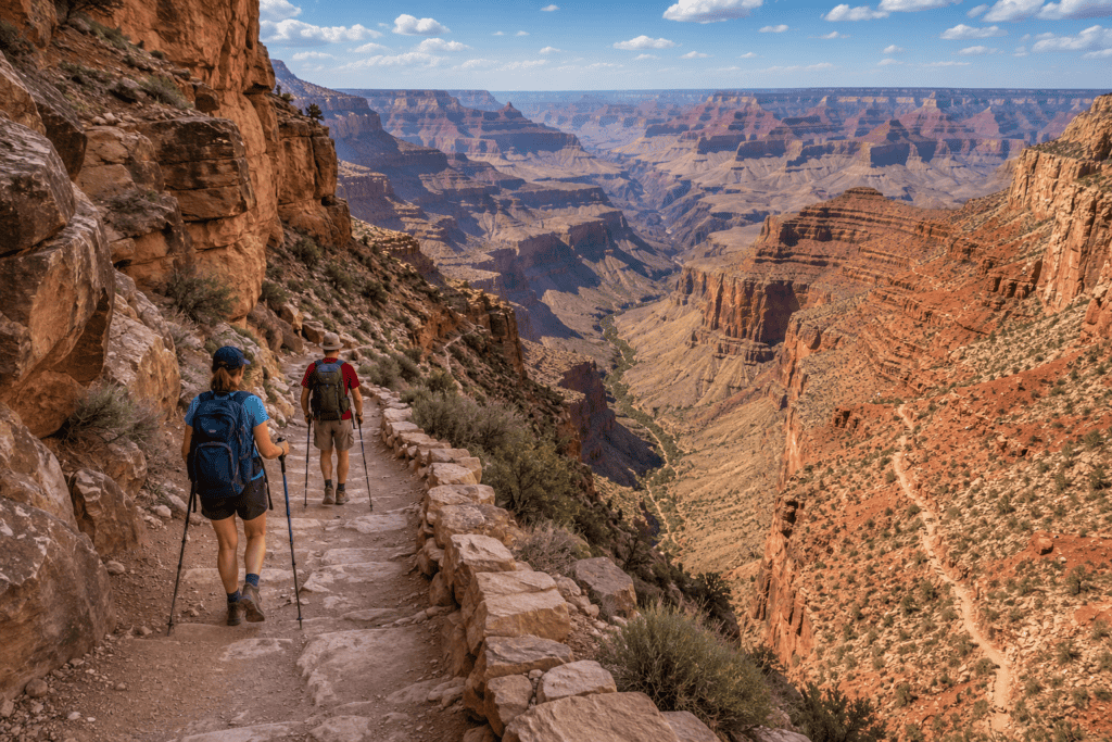 Bright Angel Trail in Grand Canyon National Park with hikers descending into the canyon along one of the park's most famous hiking routes.