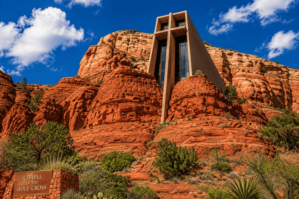 Chapel of the Holy Cross in Sedona, Arizona, built into the red rock cliffs and surrounded by the region's famous desert landscape.