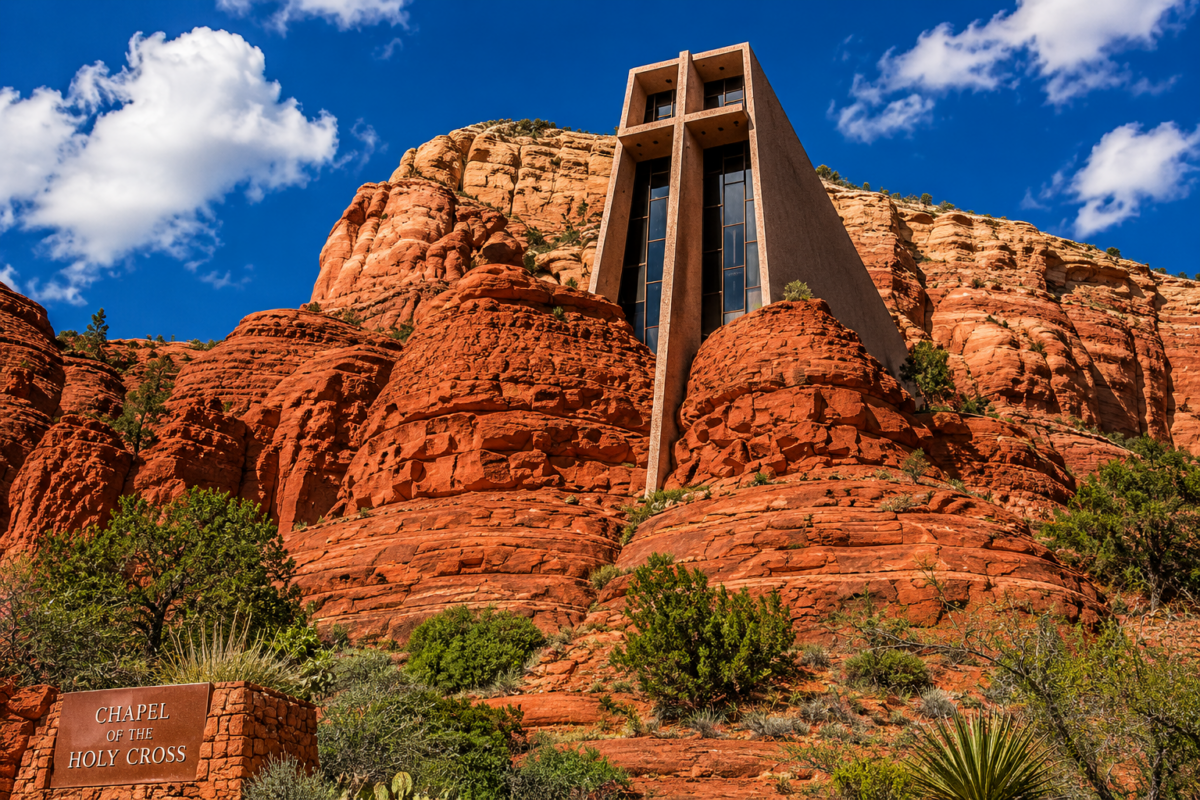 Chapel of the Holy Cross in Sedona, Arizona, built into the red rock cliffs and surrounded by the region's famous desert landscape.