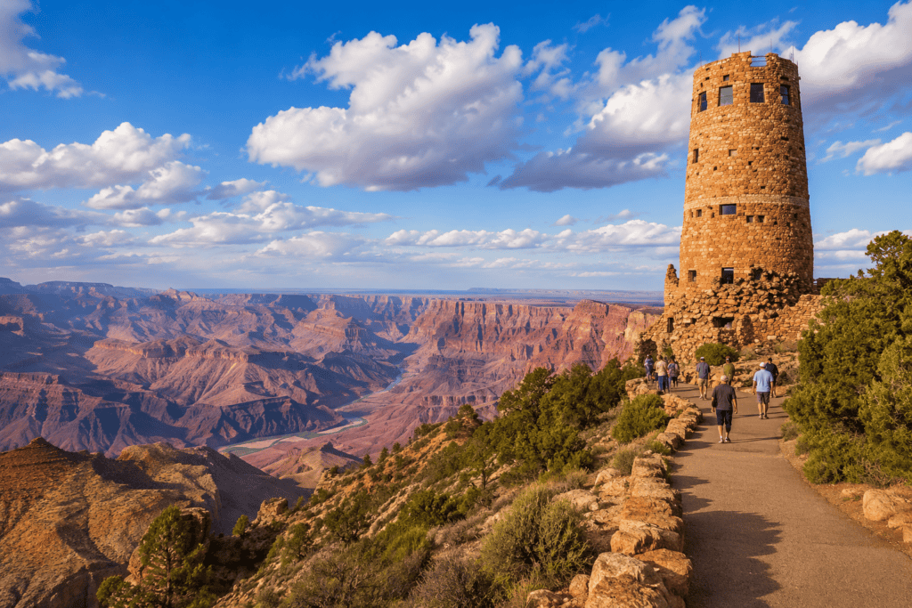 Desert View Watchtower overlooking the Grand Canyon on the South Rim with panoramic views of the canyon and Colorado River.