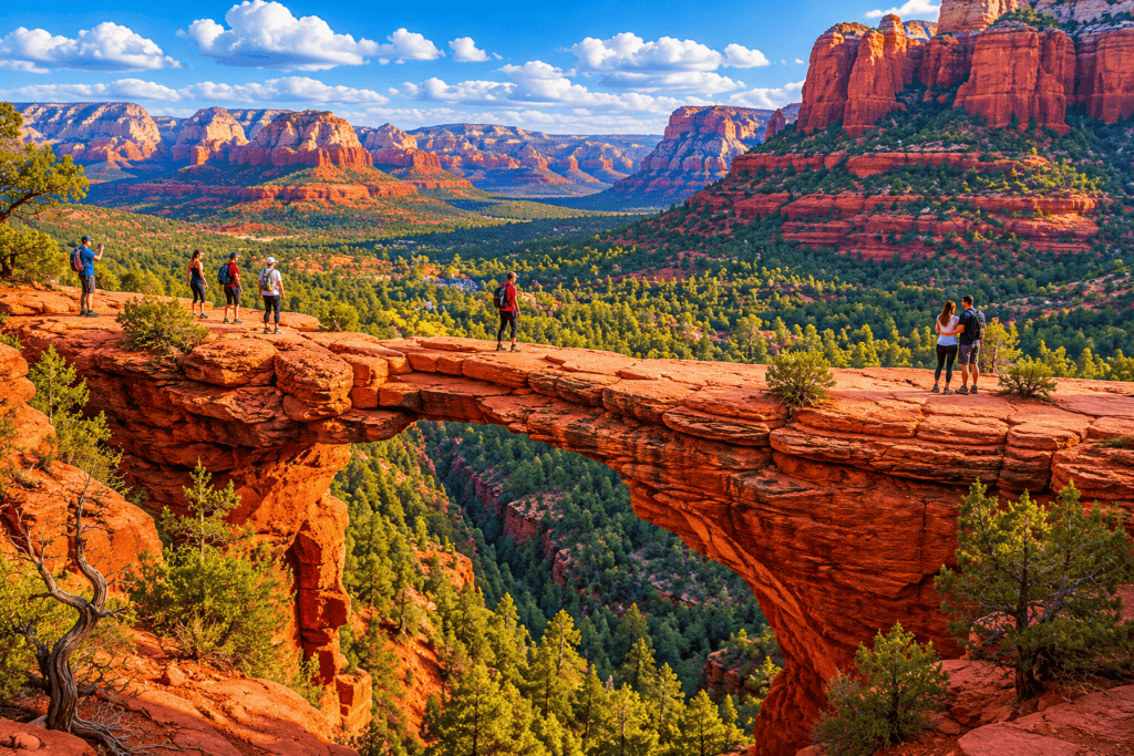 Devil's Bridge in Sedona, Arizona, featuring hikers standing on the famous natural sandstone arch surrounded by red rock scenery.