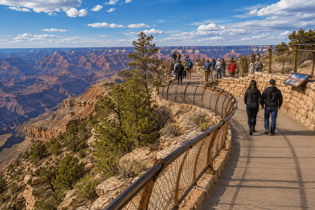 Rim Trail at Grand Canyon South Rim with visitors enjoying panoramic canyon views along one of the park's most accessible walking paths.