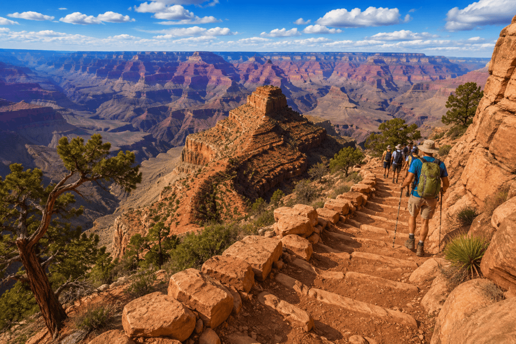 South Kaibab Trail in Grand Canyon National Park with hikers descending along the South Rim overlooking dramatic canyon scenery.