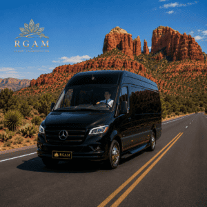 RGAM Transportation Mercedes Sprinter luxury tour vehicle driving through Sedona red rock scenery on a private Grand Canyon and Sedona tour