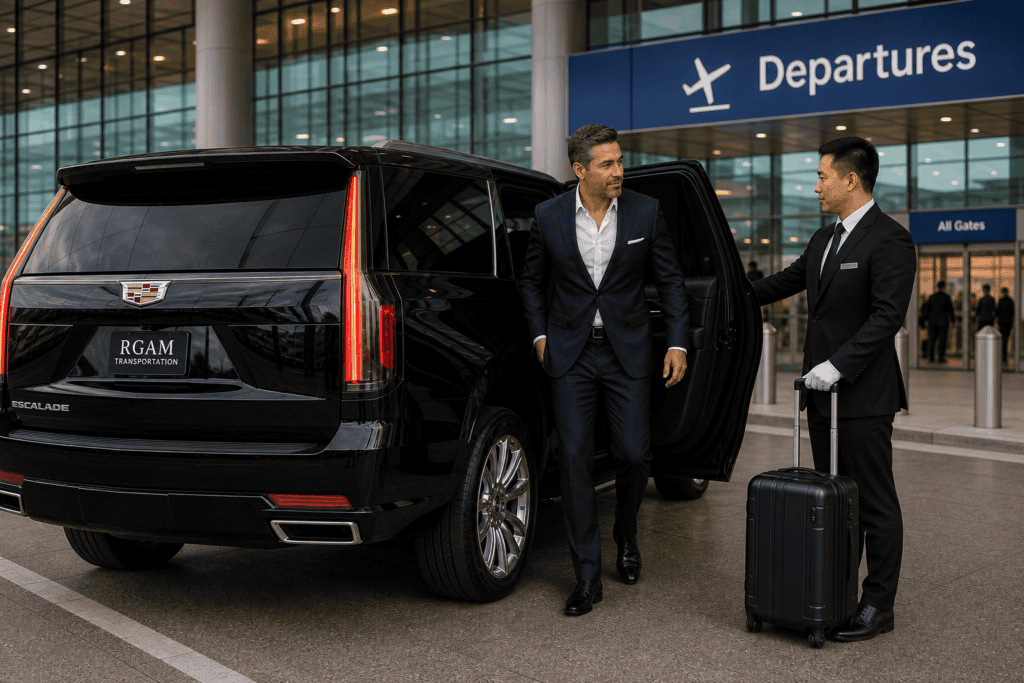 Business travelers with Cadillac Escalade at Phoenix Sky Harbor Airport