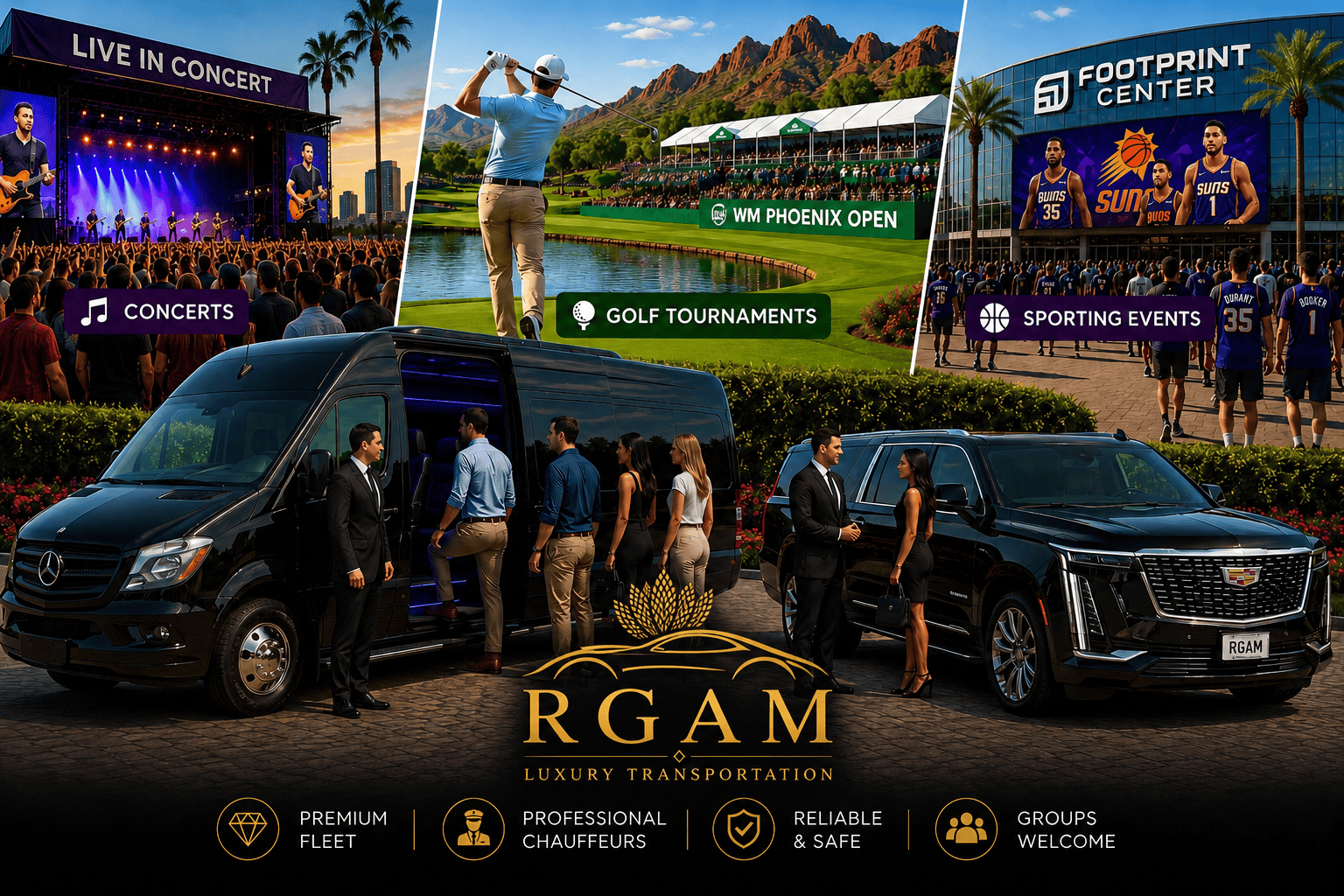 Luxury event transportation in Phoenix with chauffeur-driven SUV and executive shuttle service for concerts, golf tournaments, and sporting events.