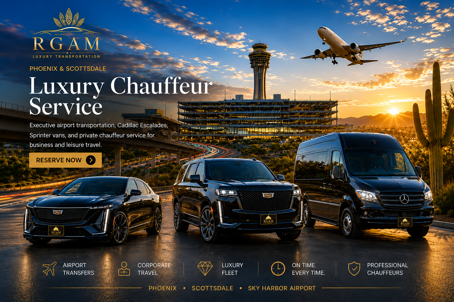 RGAM Transportation luxury chauffeur service in Phoenix featuring Cadillac Escalade SUV, executive Sprinter van and luxury sedan near Phoenix Sky Harbor Airport.