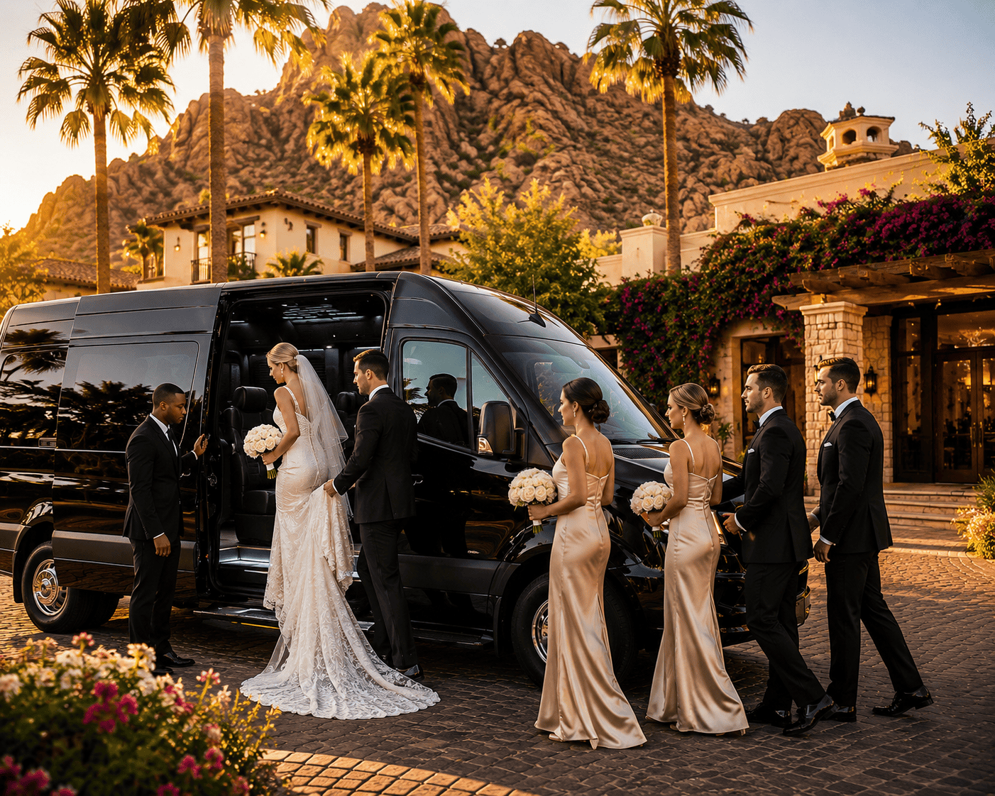 Bride, groom, and wedding guests arriving in luxury wedding transportation with professional chauffeur service in Phoenix Arizona