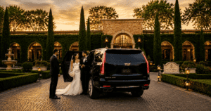 Bride and groom arriving in a luxury SUV at Villa Siena wedding venue with professional chauffeur service by RGAM Transportation in Phoenix Arizona