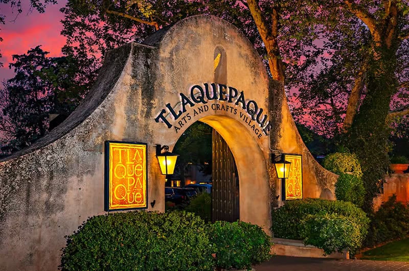Tlaquepaque Arts & Shopping Village in Sedona, Arizona featuring its iconic Spanish-style entrance and charming arts district.