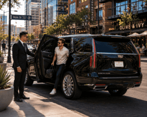 Business traveler arriving at a Cadillac Escalade with professional chauffeur in Phoenix by RGAM Transportation