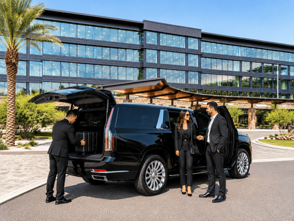 executive-transportation-phoenix-office-arrival-escalade Executive chauffeur assisting business professionals with a luxury Cadillac Escalade at a Phoenix office building.