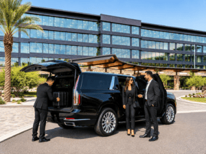 Executive chauffeur assisting business professionals with a luxury Cadillac Escalade at a Phoenix office building.