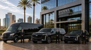 Luxury transportation fleet including Cadillac Escalade, Mercedes Sprinter, and executive sedan by RGAM Transportation