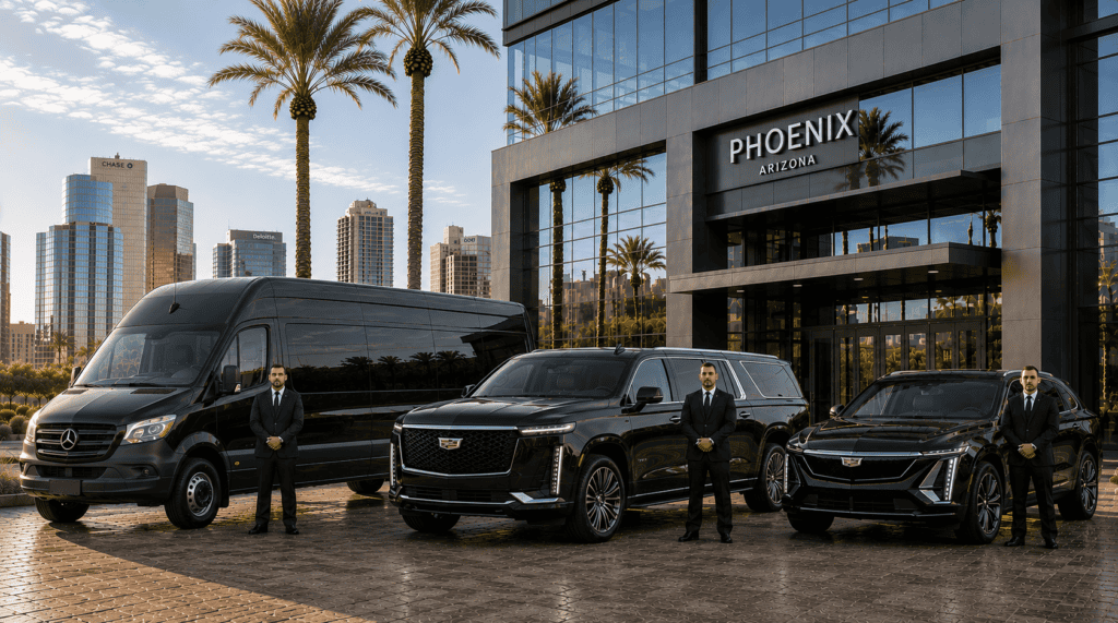 phoenix-luxury-fleet-sprinter-escalade-lyriq RGAM Transportation luxury fleet featuring Cadillac Escalades, executive SUVs, and premium vehicles in Phoenix