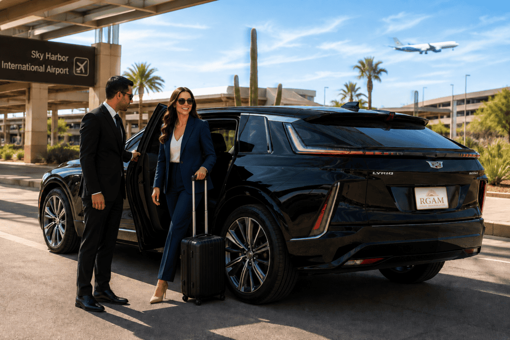 phoenix-sky-harbor-executive-airport-transfer Professional chauffeur greeting a business traveler beside a luxury Cadillac Lyriq at Phoenix Sky Harbor International Airport.