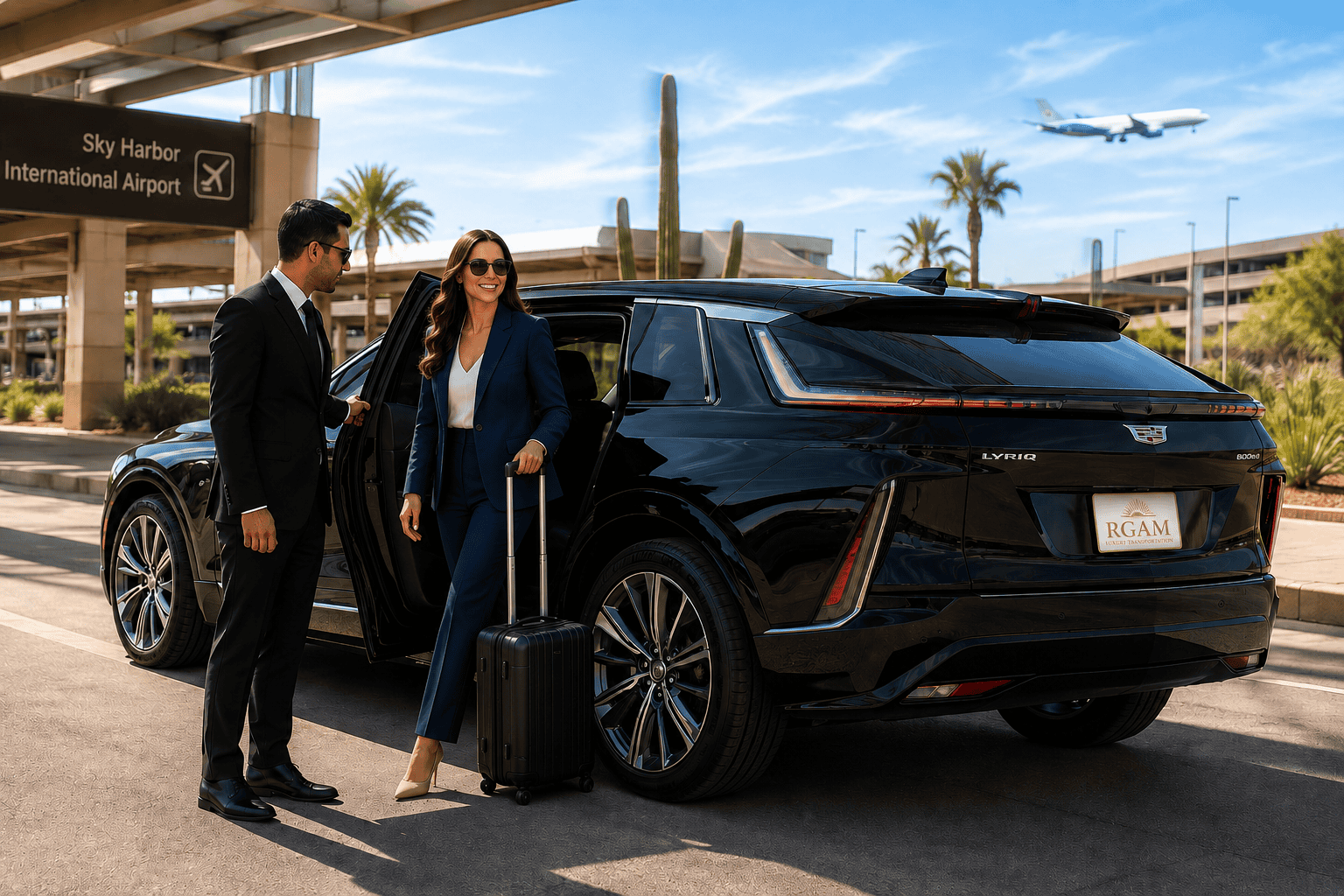 Professional chauffeur greeting a business traveler beside a luxury Cadillac Lyriq at Phoenix Sky Harbor International Airport.