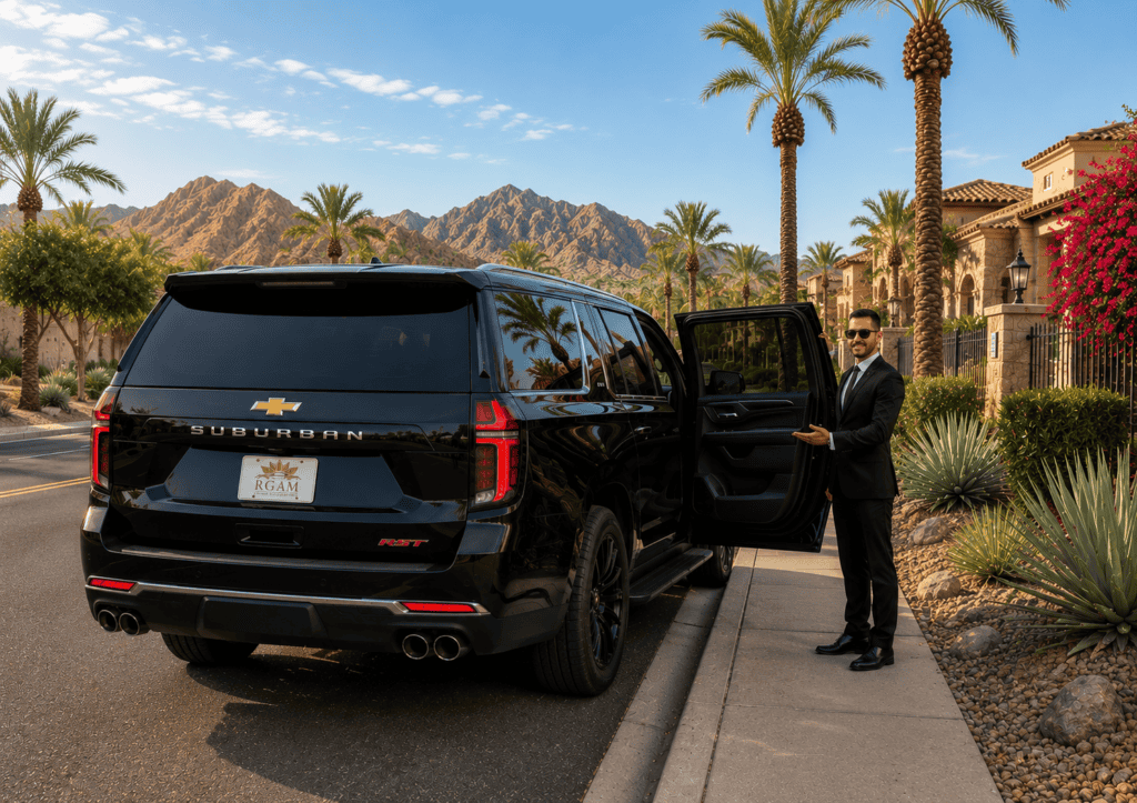 professional-chauffeur-service-phoenix-rgam Professional chauffeur standing beside a luxury Cadillac Escalade while assisting an executive traveler in Phoenix.