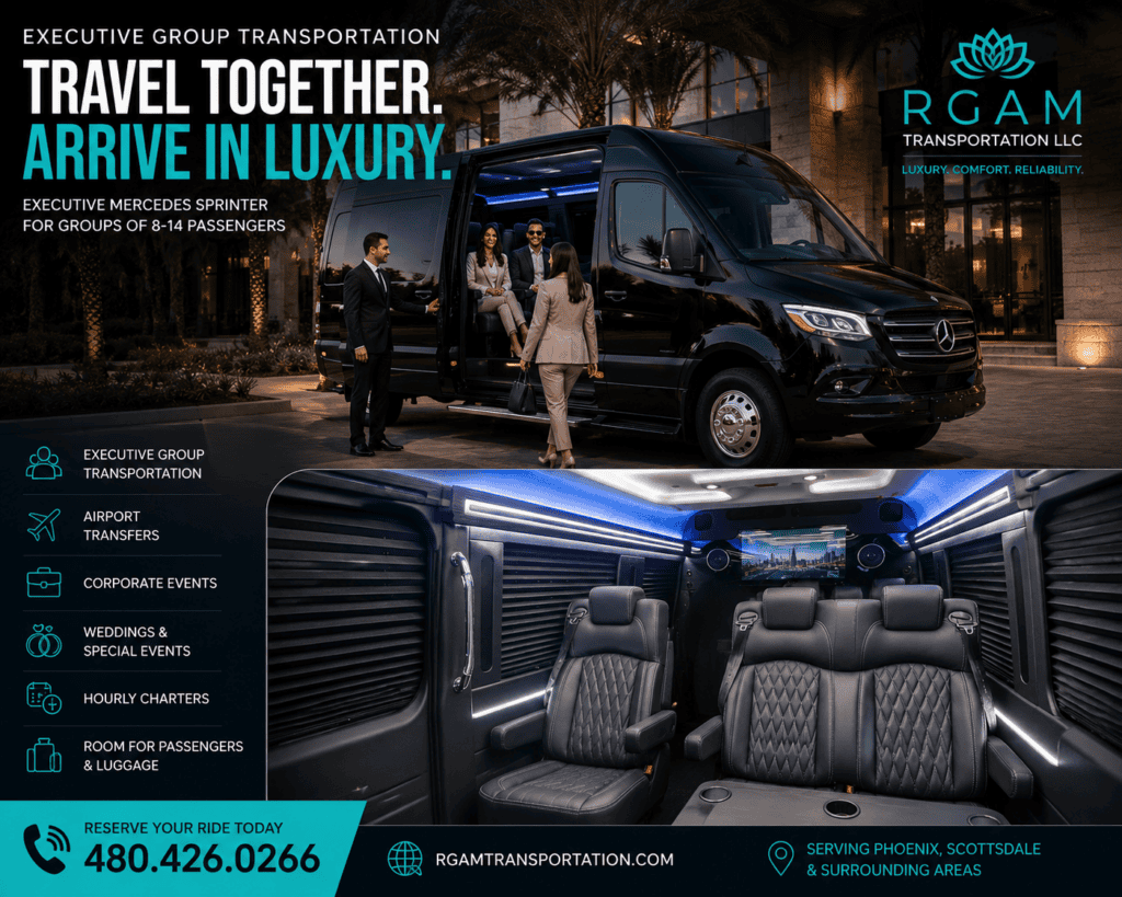 Luxury Executive Mercedes Sprinter Van Phoenix Luxury Executive Mercedes Sprinter Van by RGAM Transportation providing private group transportation in Phoenix, Scottsdale and Sky Harbor Airport.