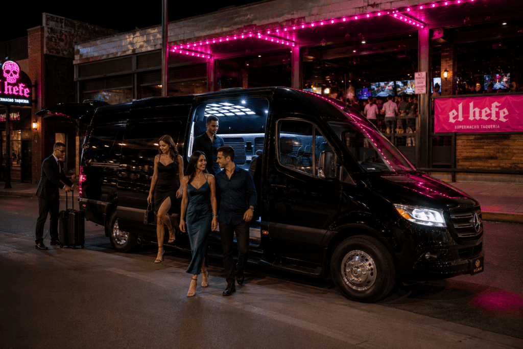 Luxury Executive Sprinter Old Town Scottsdale Nightlife Luxury Executive Mercedes Sprinter by RGAM Transportation providing private nightlife transportation in Old Town Scottsdale, Arizona.