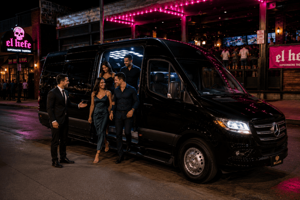 Luxury Executive Mercedes Sprinter by RGAM Transportation providing private nightlife transportation in Old Town Scottsdale, Arizona, with a professional chauffeur greeting passengers.