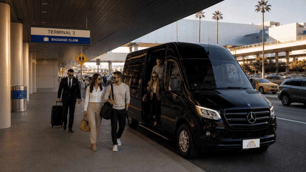 rgam-phoenix-airport-terminal3-executive-sprinter-arrival Luxury Executive Mercedes Sprinter by RGAM Transportation picking up passengers at Phoenix Sky Harbor Airport Terminal 3.