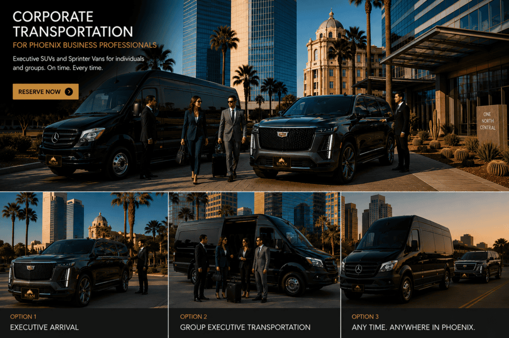 Corporate transportation in Phoenix featuring an executive Mercedes Sprinter van and Cadillac Escalade by RGAM Transportation for business travel and corporate accounts.