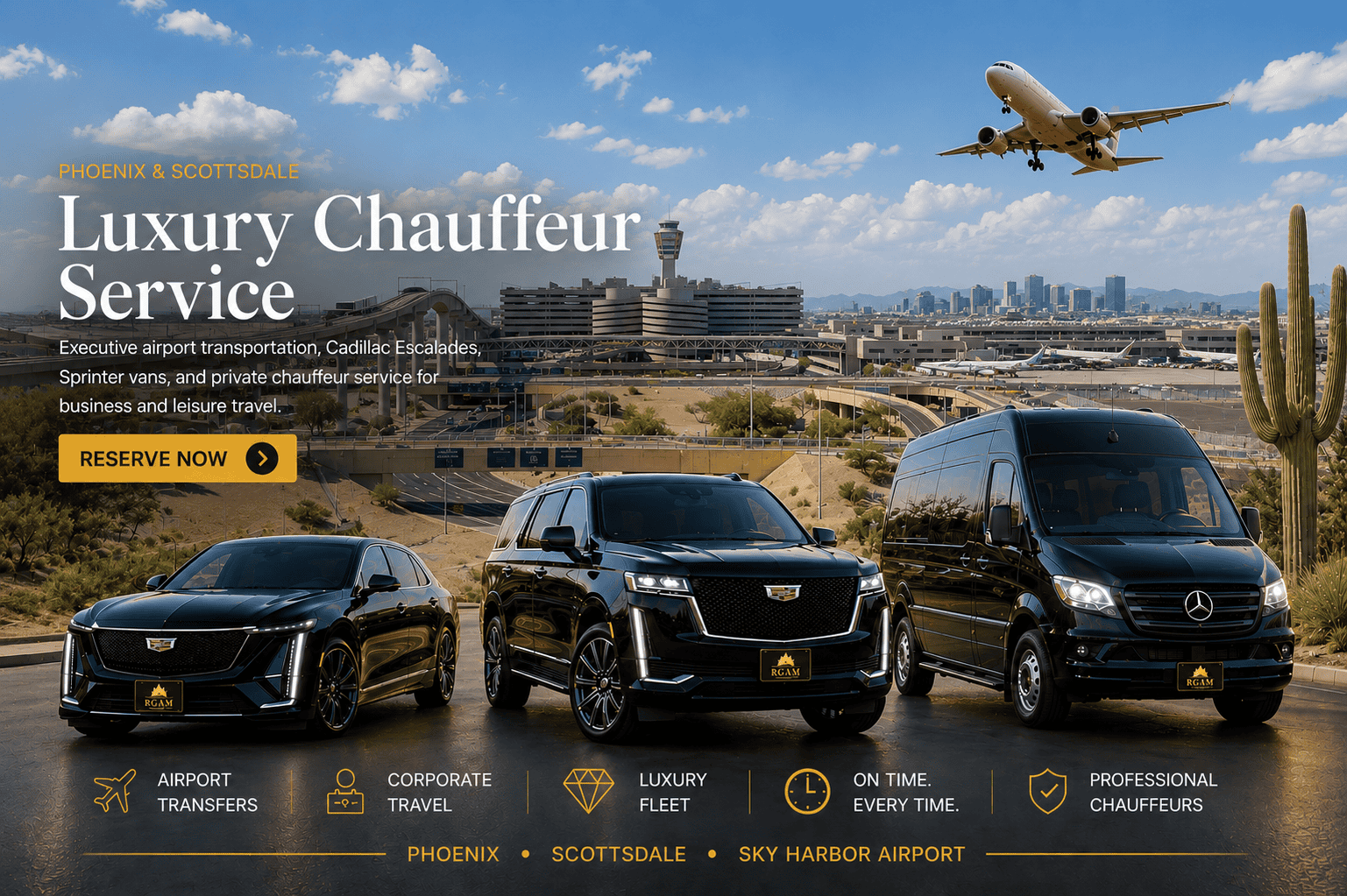 Luxury chauffeur service in Phoenix and Scottsdale with black Cadillac sedan, Escalade SUV and Mercedes Sprinter at Phoenix Sky Harbor Airport