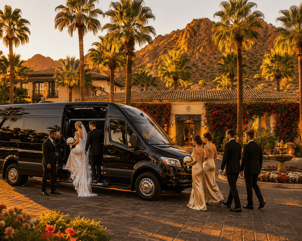 Luxury Mercedes Sprinter providing wedding guest transportation in Phoenix and Scottsdale