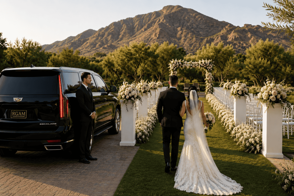 Bride and groom arriving with RGAM luxury Cadillac Escalade and professional chauffeur in Scottsdale