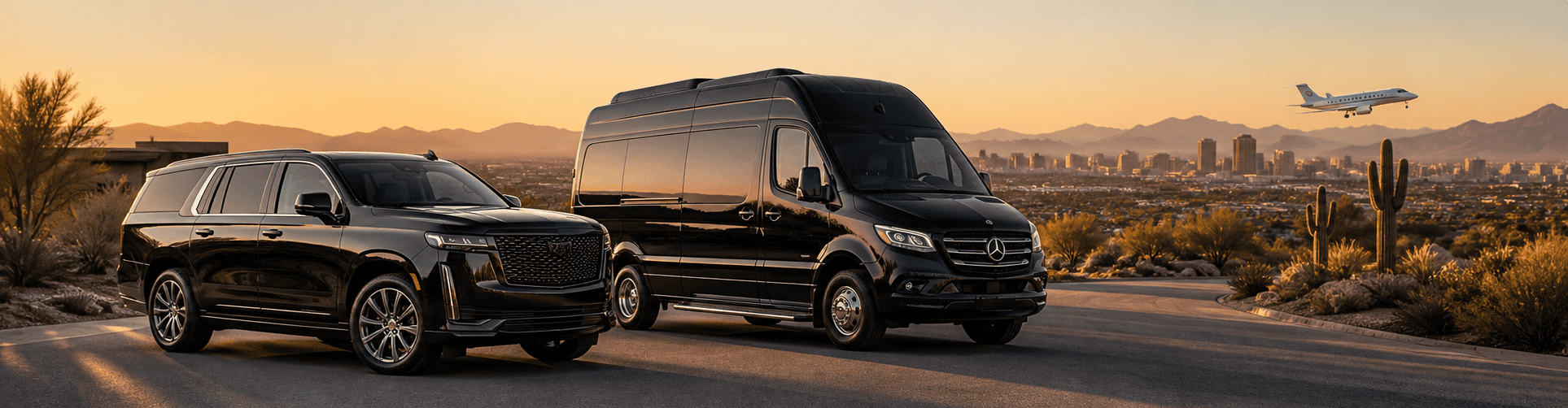 Luxury SUV and executive van overlooking Phoenix at sunset