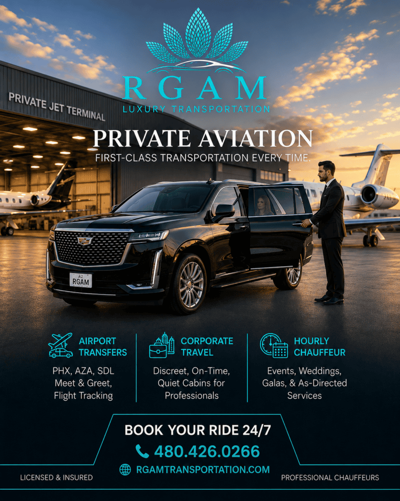 Private Aviation Transportation Phoenix & Scottsdale | RGAM Transportation Private aviation transportation with luxury Cadillac Escalade at Scottsdale Airport by RGAM Transportation