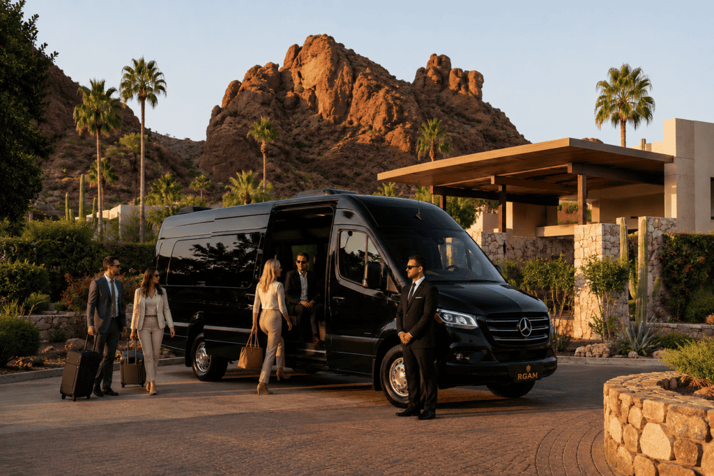 Executive Sprinter Resort Transportation Scottsdale | RGAM Transportation Executive Mercedes Sprinter arriving at a Scottsdale luxury resort by RGAM Transportation