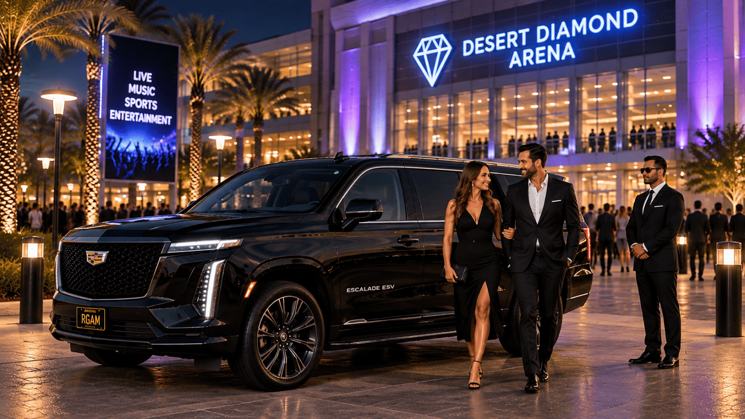 RGAM Transportation Cadillac Escalade ESV at Desert Diamond Arena in Glendale, Arizona for concert and event transportation.