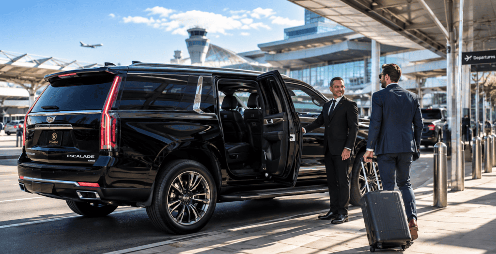Professional chauffeur welcoming a passenger to a Cadillac Escalade at the airport