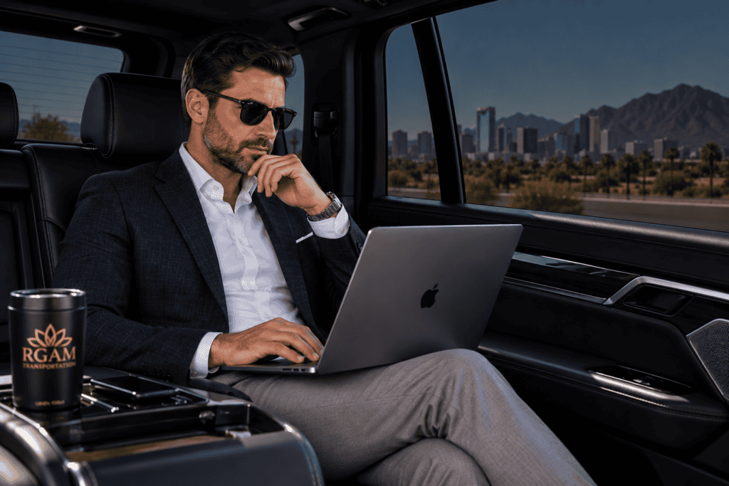 Executive passenger working on a laptop inside a luxury vehicle during corporate transportation in Phoenix