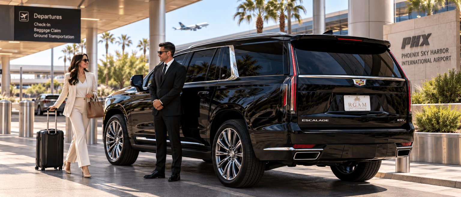 RGAM chauffeured transportation with luxury Cadillac Escalade at Phoenix Sky Harbor Airport