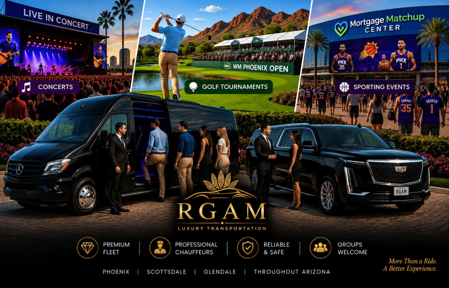 RGAM luxury event transportation in Phoenix and Scottsdale with Mercedes Sprinter and Cadillac Escalade