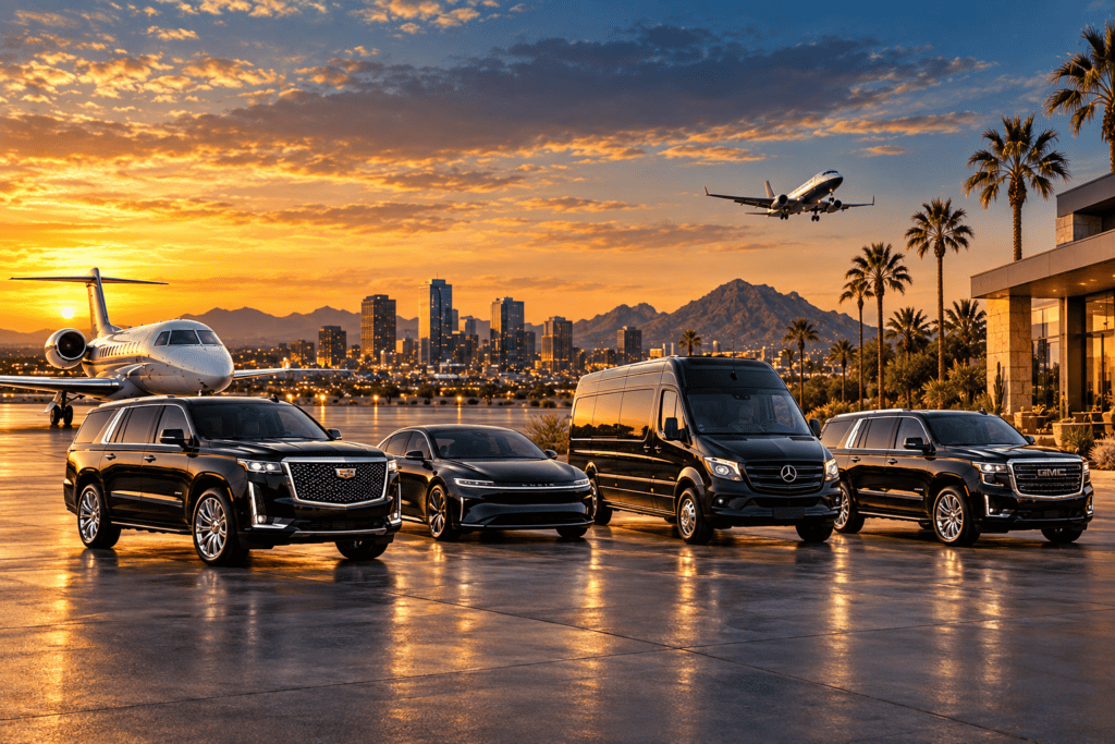 Black luxury SUVs, sedan and Mercedes Sprinter with an Arizona skyline at sunset.
