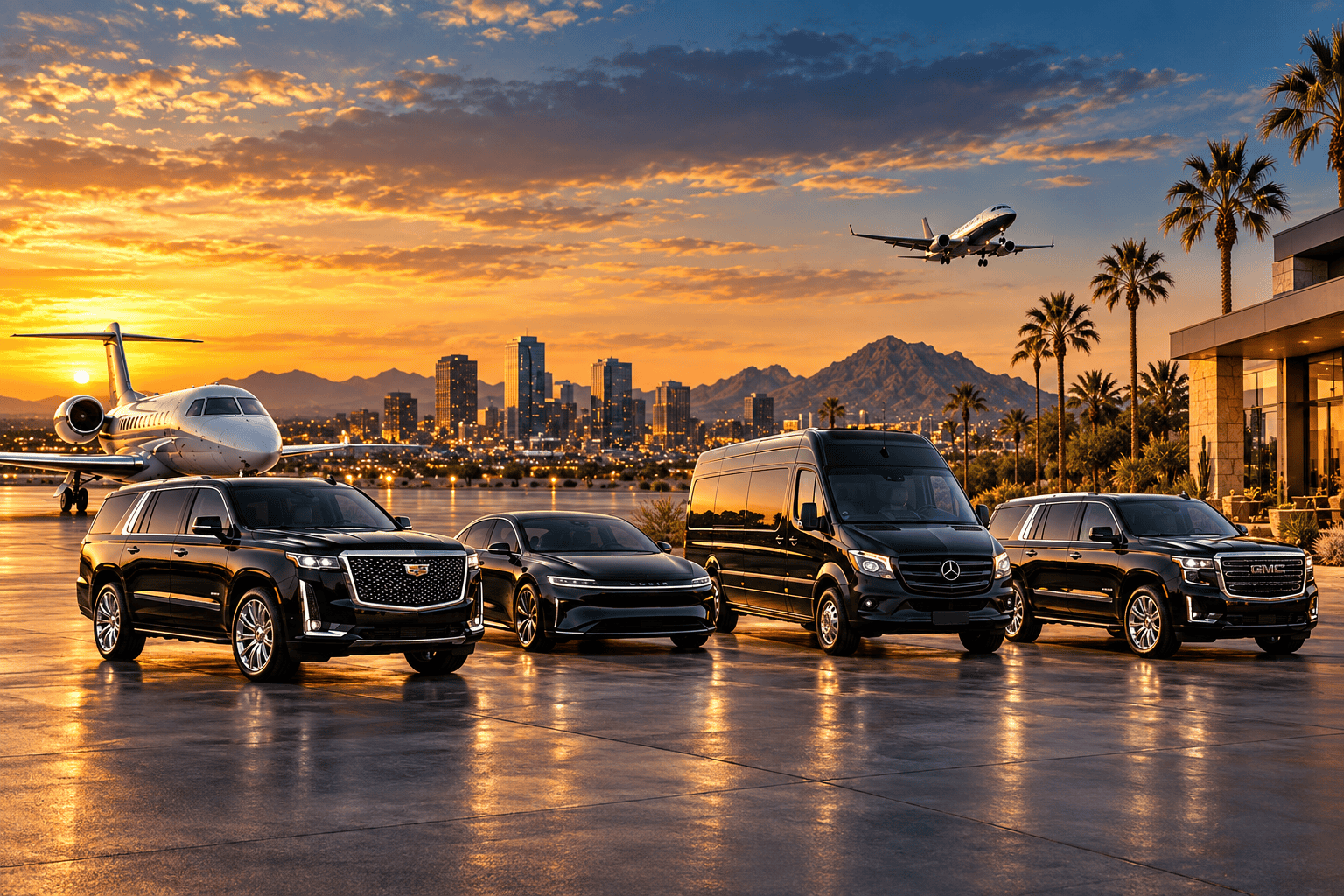 Black luxury SUVs, sedan and Mercedes Sprinter with an Arizona skyline at sunset.