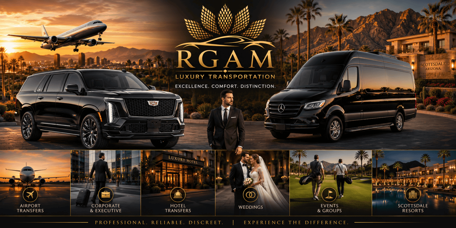 RGAM luxury transportation in Phoenix and Scottsdale with 2026 Cadillac Escalade ESV and executive Sprinter