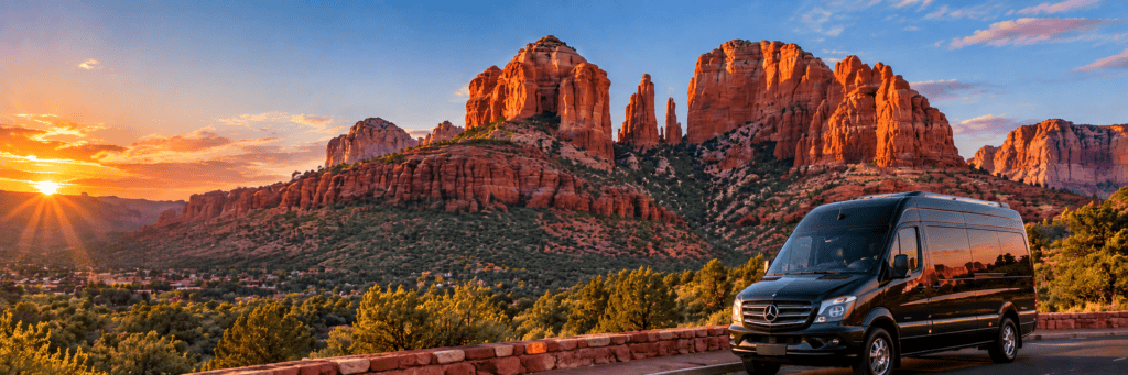 Luxury Mercedes Sprinter with Sedona red rock scenery in Arizona