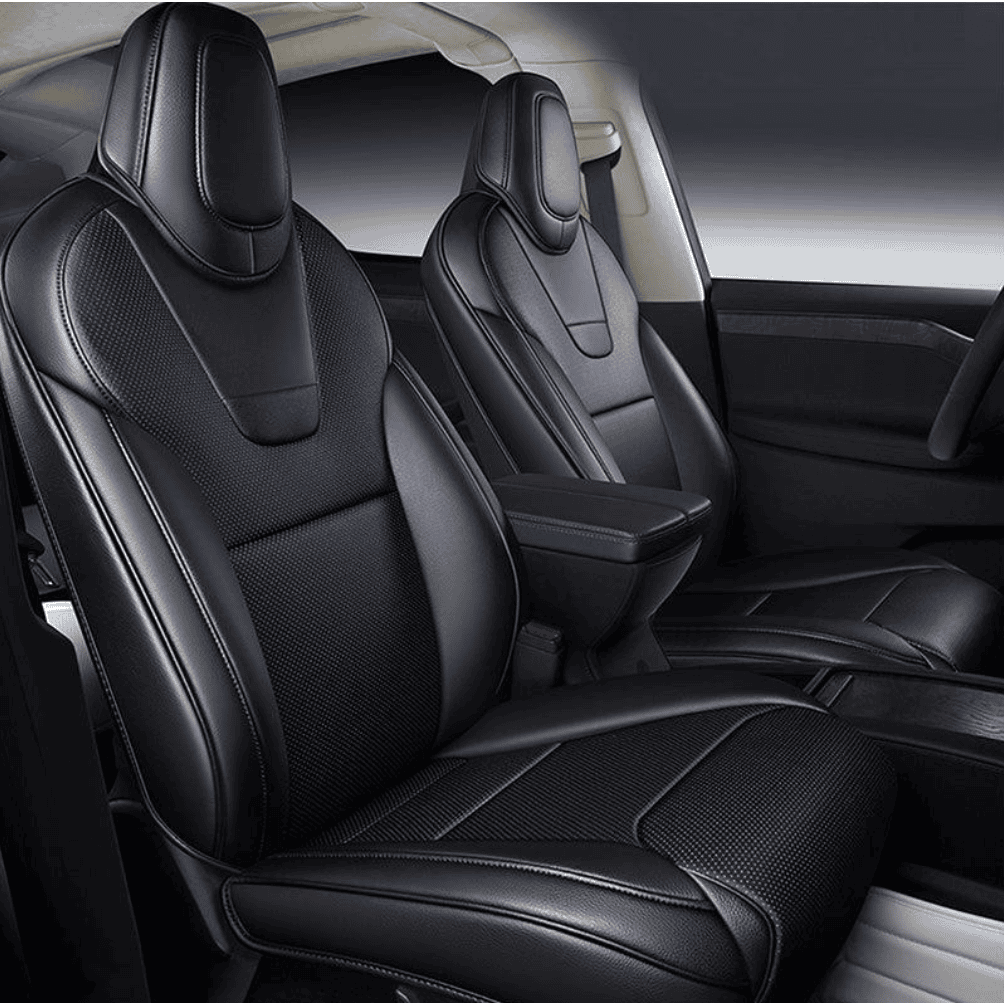 Tesla Model X luxury front interior with black leather seats